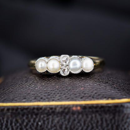 Antique Edwardian 18ct Gold Pearl and Rose-Cut Diamond Ring
