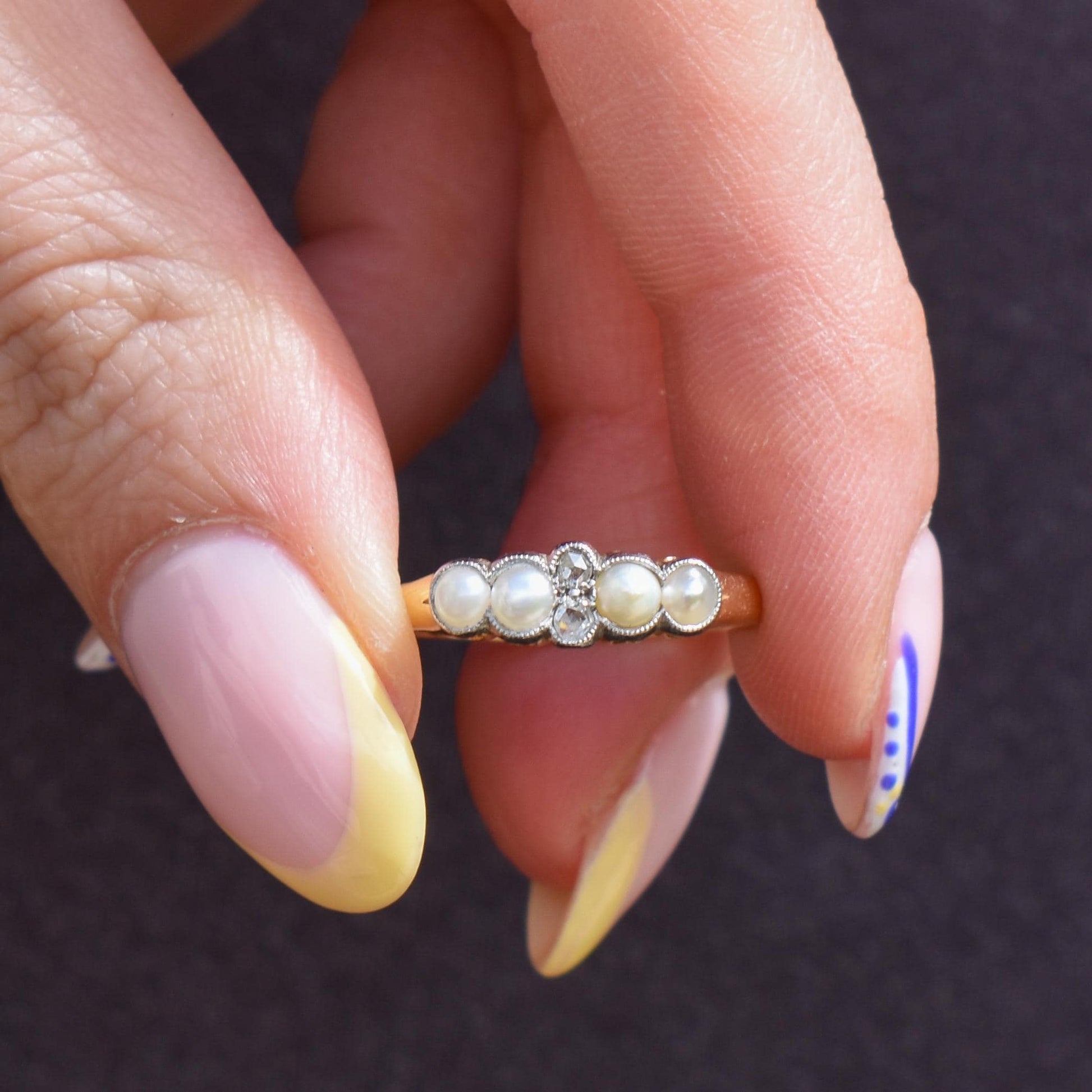 Antique Edwardian 18ct Gold Pearl and Rose-Cut Diamond Ring