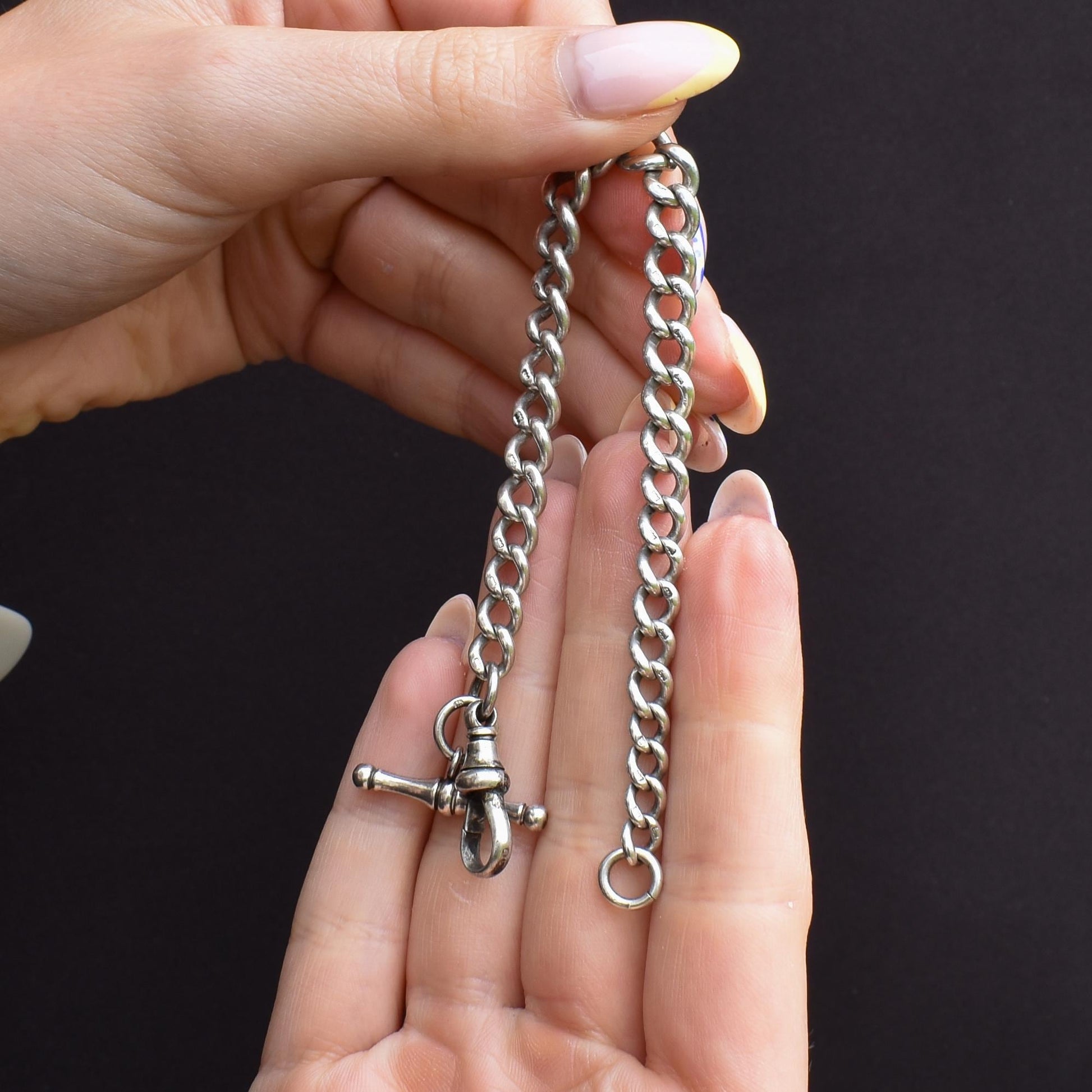 Antique Graduated Curb Sterling Silver Bracelet with Dog Clip and T-bar | 7.5"