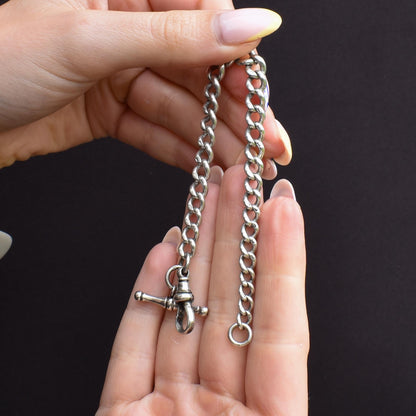 Antique Graduated Curb Sterling Silver Bracelet with Dog Clip and T-bar | 7.5"