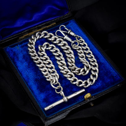Antique Sterling Silver Curb Link Albert Watch Chain Necklace with T-Bar and Dog Clips – 16"