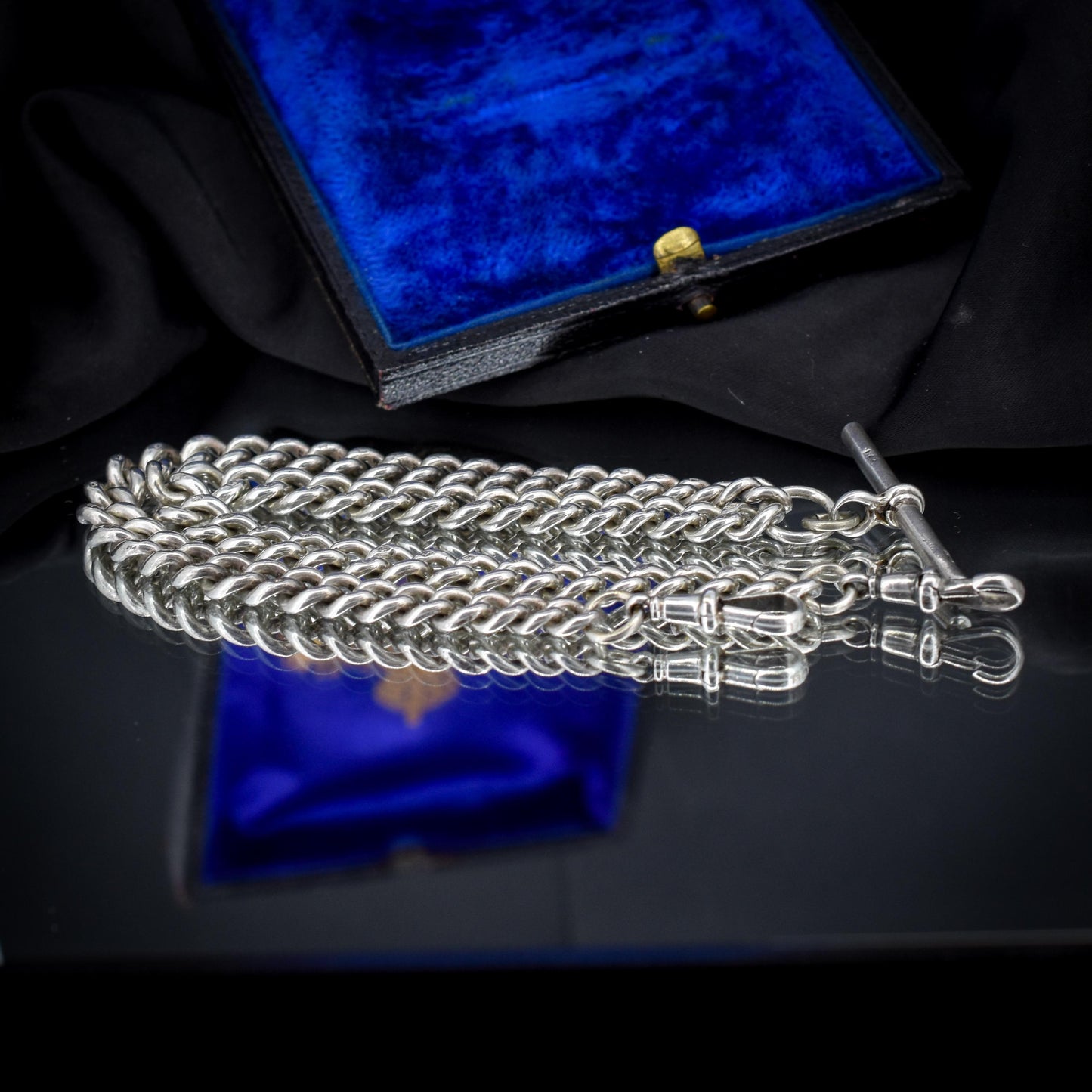 Antique Sterling Silver Curb Link Albert Watch Chain Necklace with T-Bar and Dog Clips – 16"