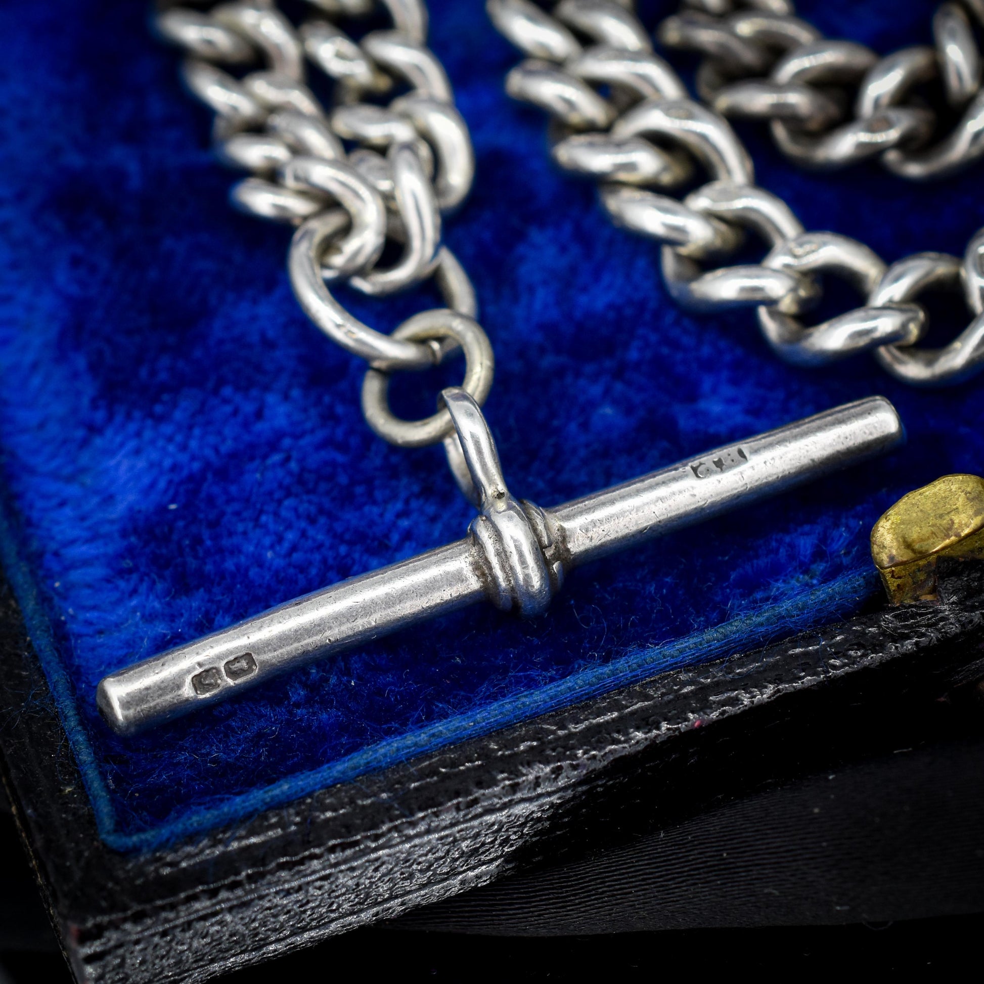 Antique Sterling Silver Curb Link Albert Watch Chain Necklace with T-Bar and Dog Clips – 16"