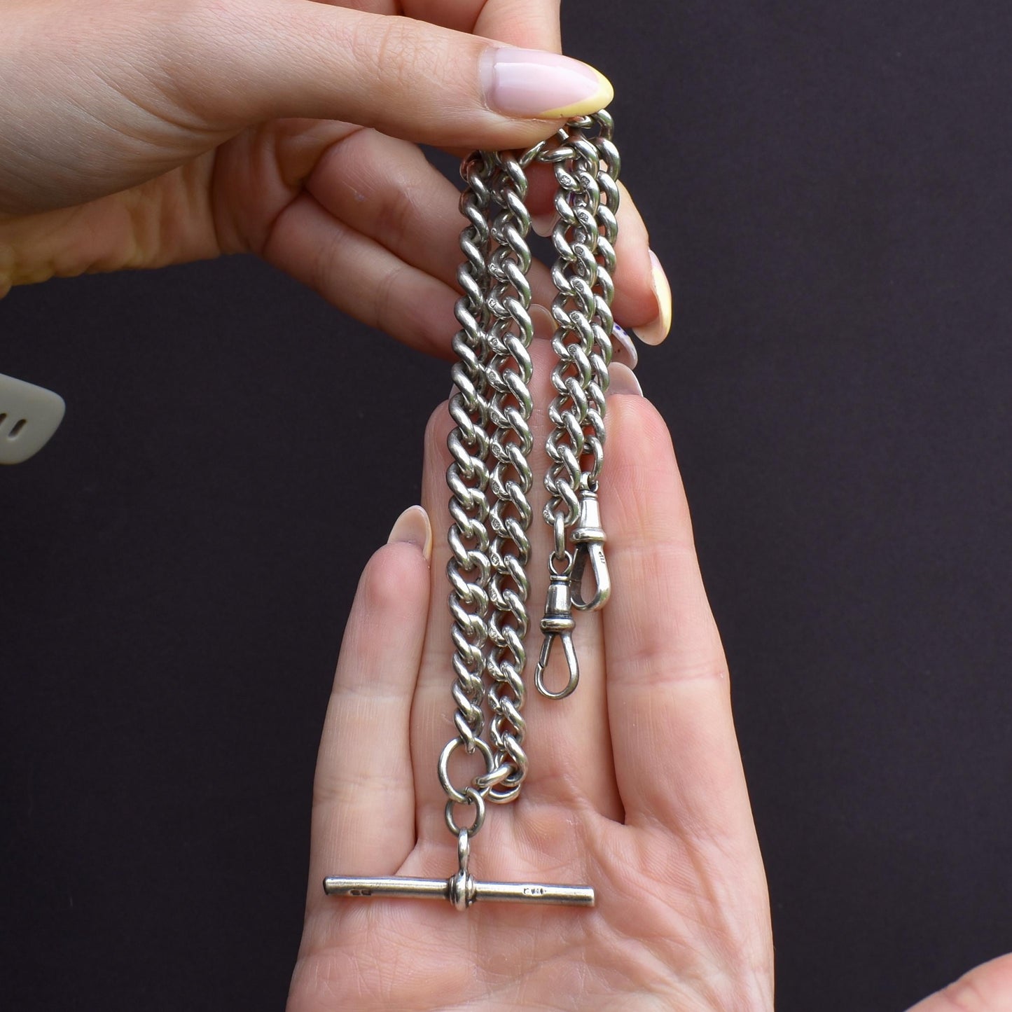 Antique Sterling Silver Curb Link Albert Watch Chain Necklace with T-Bar and Dog Clips – 16"