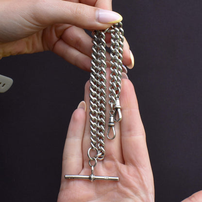 Antique Sterling Silver Curb Link Albert Watch Chain Necklace with T-Bar and Dog Clips – 16"