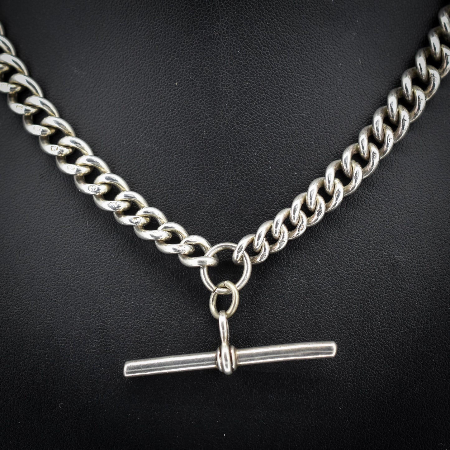 Antique Sterling Silver Curb Link Albert Watch Chain Necklace with T-Bar and Dog Clips – 16"