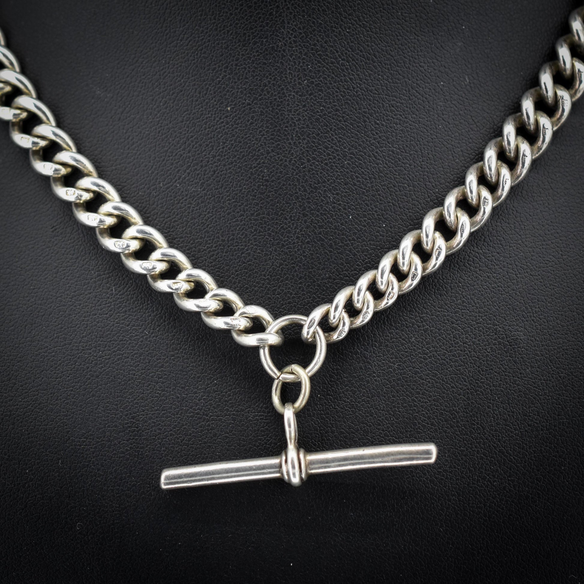 Antique Sterling Silver Curb Link Albert Watch Chain Necklace with T-Bar and Dog Clips – 16"