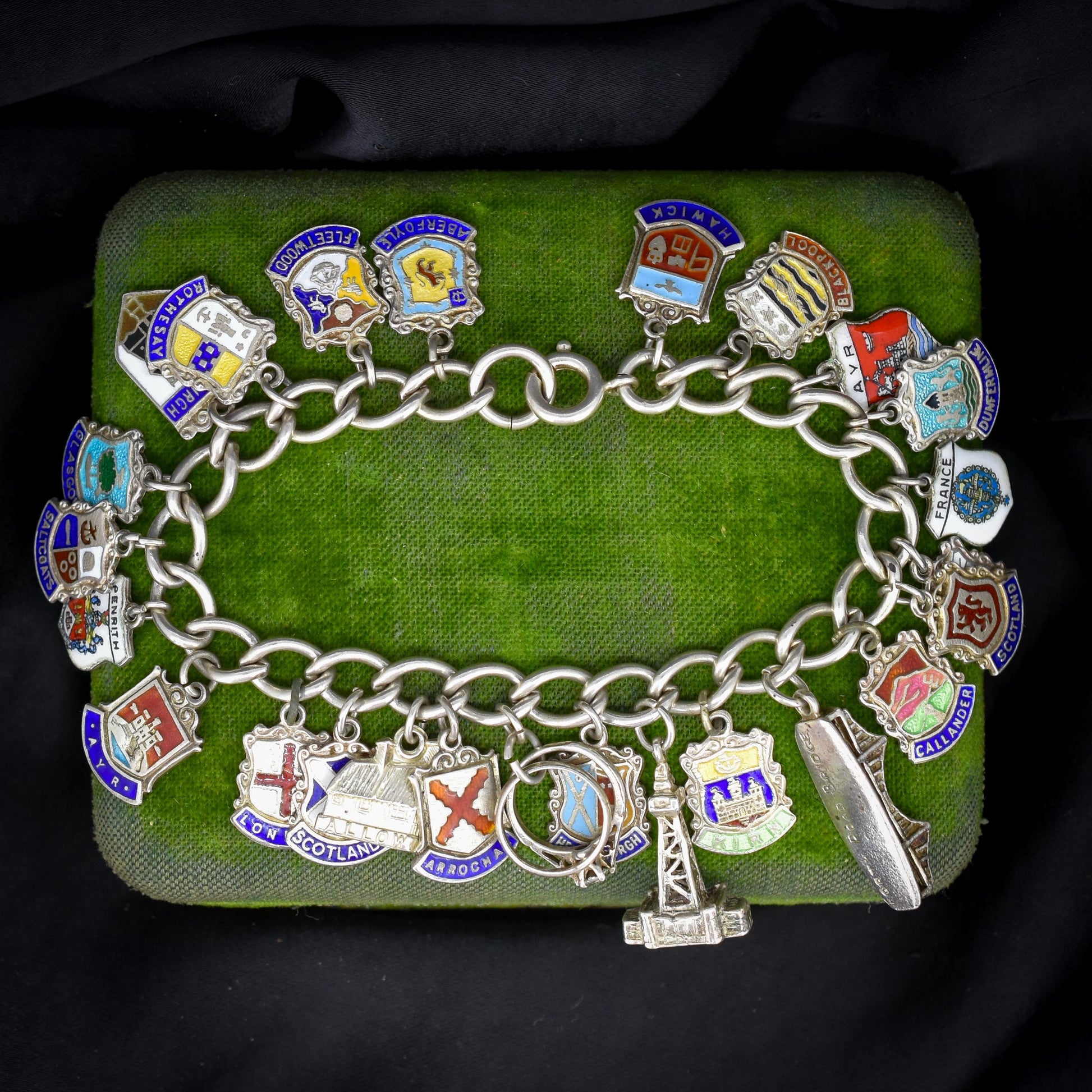 Vintage Sterling Silver Multi-Charm Enamel Tourist Bracelet | 7"