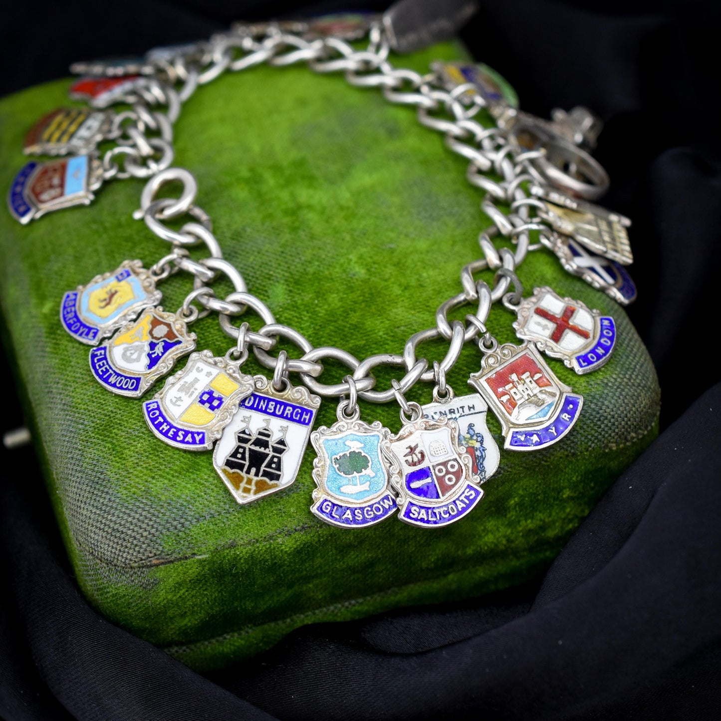 Vintage Sterling Silver Multi-Charm Enamel Tourist Bracelet | 7"