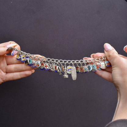 Vintage Sterling Silver Multi-Charm Enamel Tourist Bracelet | 7"