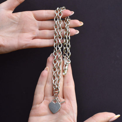 Vintage Sterling Silver Cable Link Watch Chain Necklace with T-Bar and Dog Clips – 21"