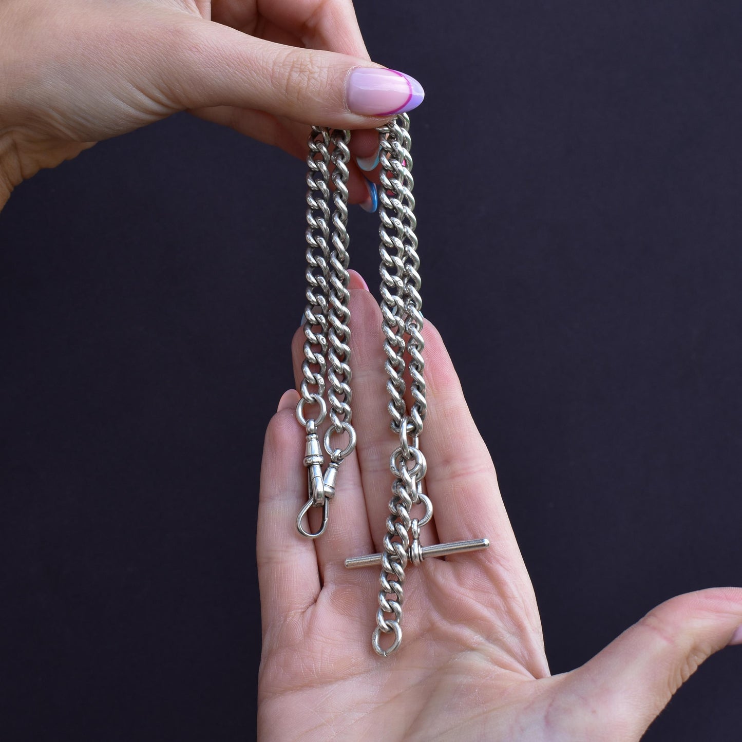 Antique Sterling Silver Curb Link Slider Double Albert Watch Chain – 17.25"