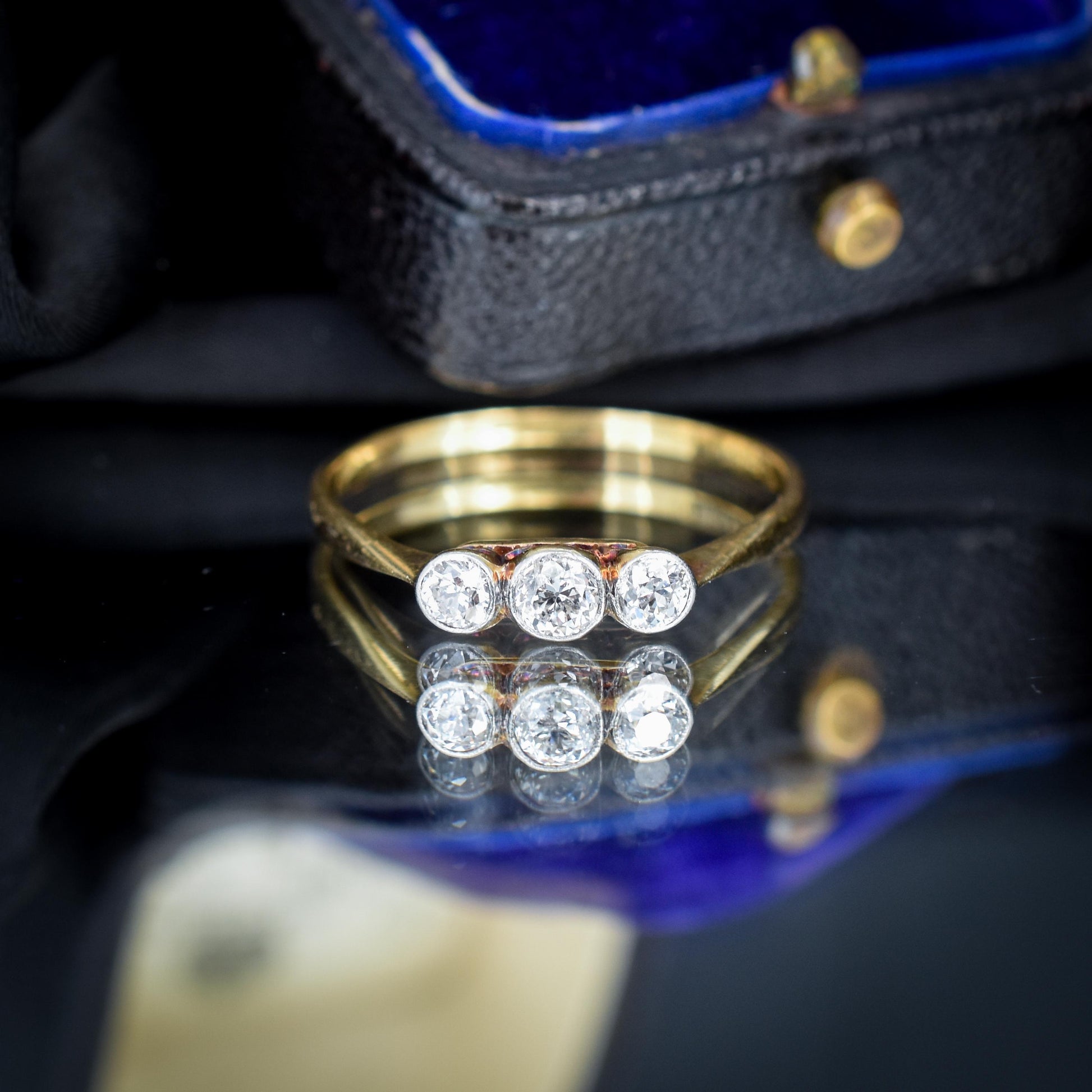 Antique Old Cut Diamond Bezel Set Three Stone Trilogy 18ct Yellow Gold Ring