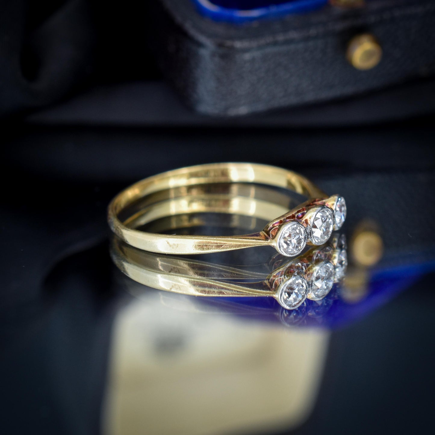Antique Old Cut Diamond Bezel Set Three Stone Trilogy 18ct Yellow Gold Ring