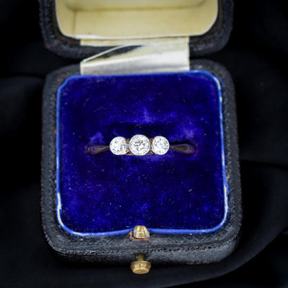Antique Old Cut Diamond Bezel Set Three Stone Trilogy 18ct Yellow Gold Ring