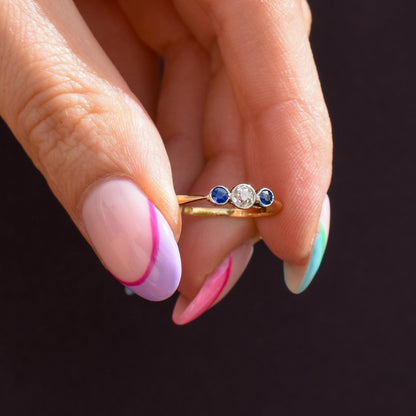 Antique Blue Sapphire and Old Cut Diamond Three-Stone Trilogy 18ct Gold Ring