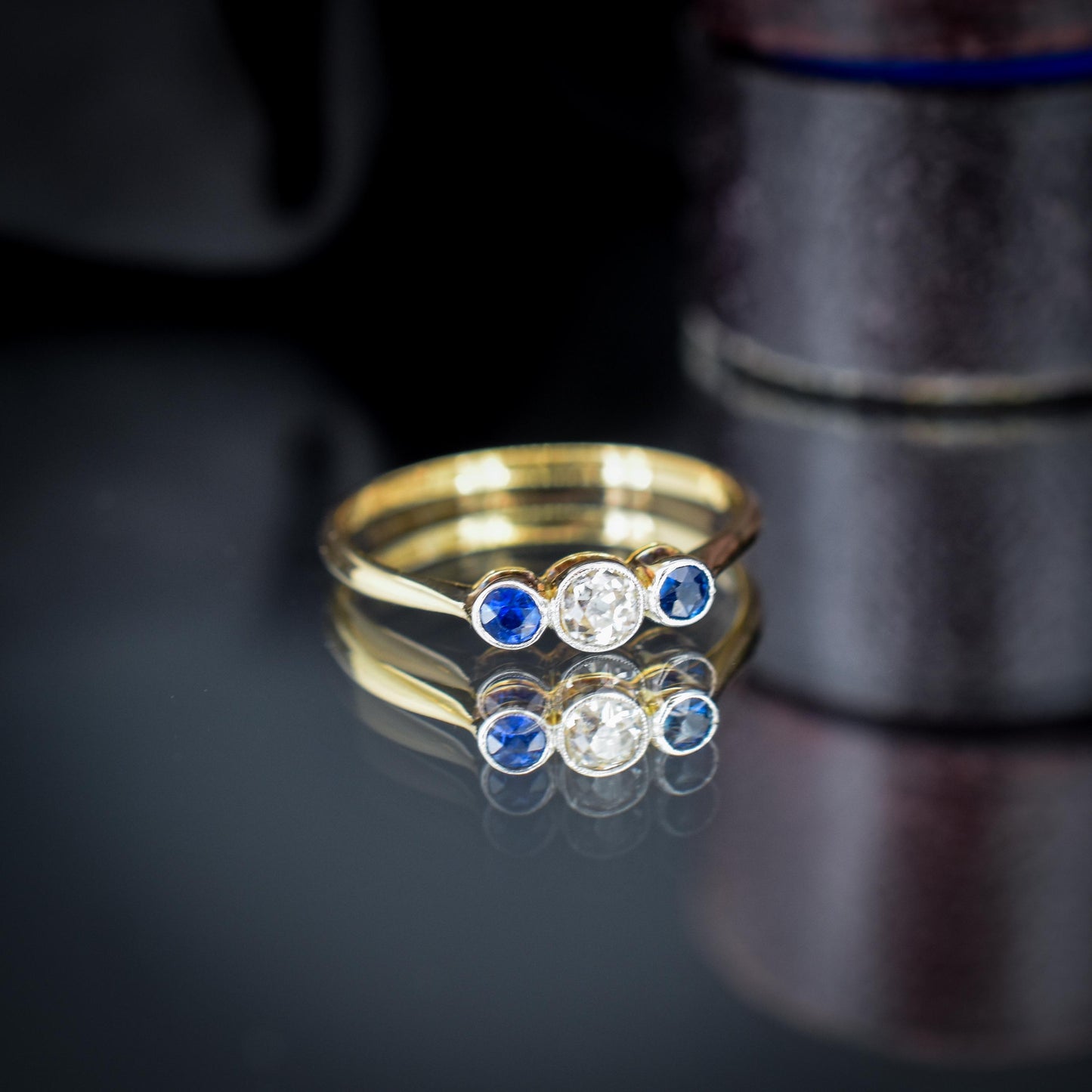 Antique Blue Sapphire and Old Cut Diamond Three-Stone Trilogy 18ct Gold Ring