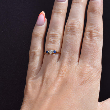 Antique Blue Sapphire and Old Cut Diamond Three-Stone Trilogy 18ct Gold Ring