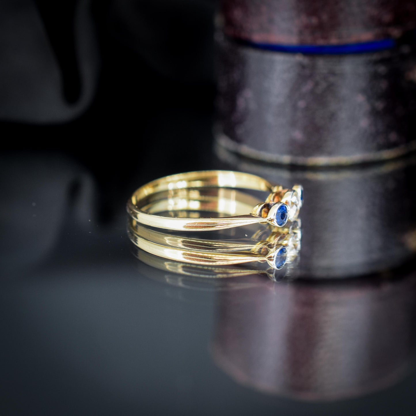 Antique Blue Sapphire and Old Cut Diamond Three-Stone Trilogy 18ct Gold Ring
