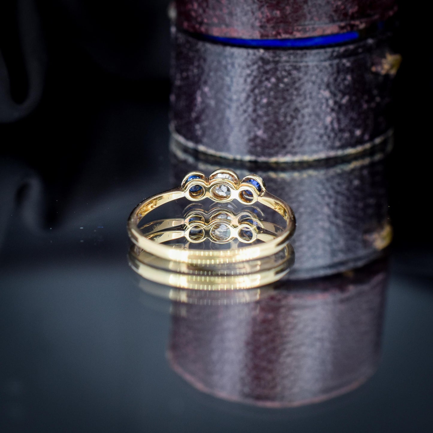 Antique Blue Sapphire and Old Cut Diamond Three-Stone Trilogy 18ct Gold Ring
