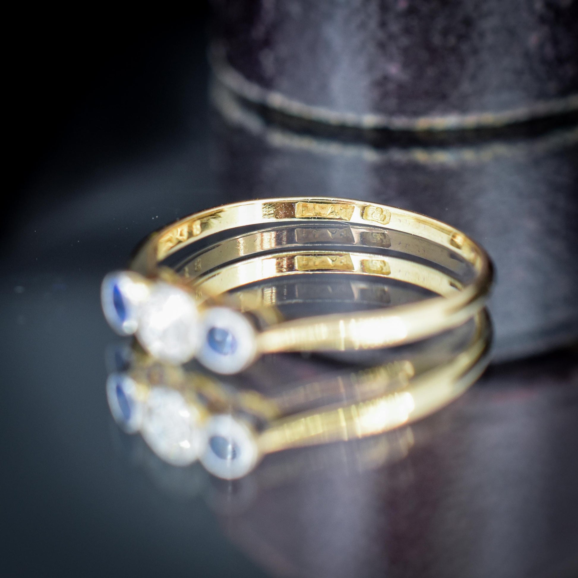 Antique Blue Sapphire and Old Cut Diamond Three-Stone Trilogy 18ct Gold Ring