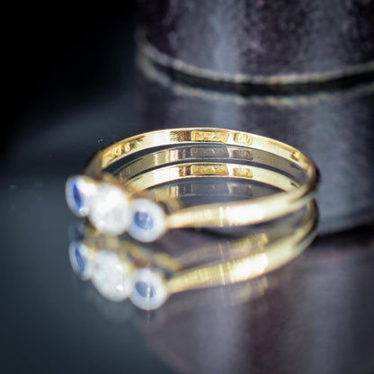 Antique Blue Sapphire and Old Cut Diamond Three-Stone Trilogy 18ct Gold Ring