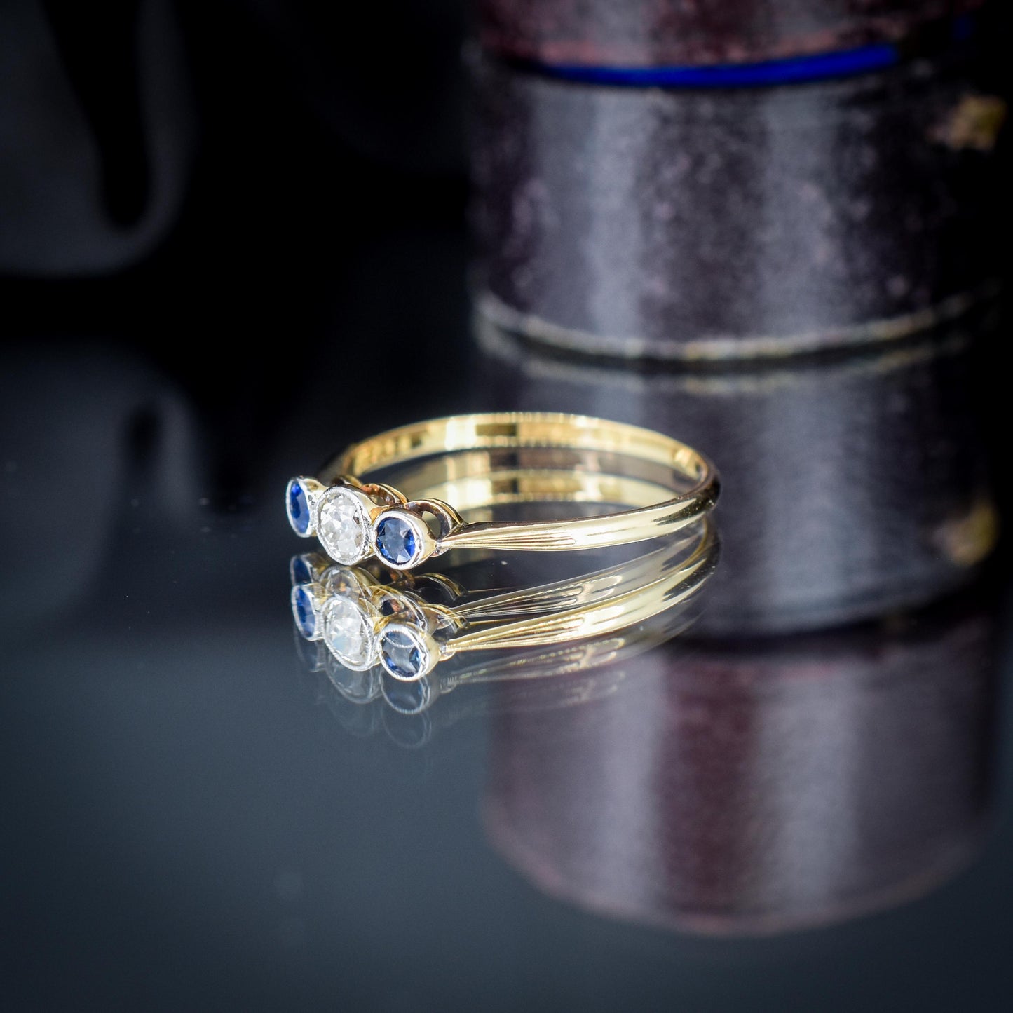 Antique Blue Sapphire and Old Cut Diamond Three-Stone Trilogy 18ct Gold Ring
