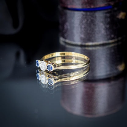 Antique Blue Sapphire and Old Cut Diamond Three-Stone Trilogy 18ct Gold Ring