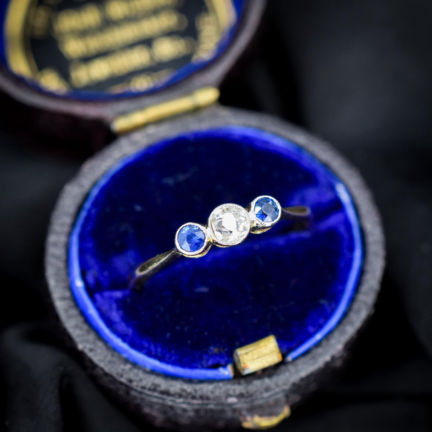 Antique Blue Sapphire and Old Cut Diamond Three-Stone Trilogy 18ct Gold Ring