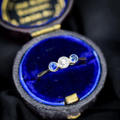 Antique Blue Sapphire and Old Cut Diamond Three-Stone Trilogy 18ct Gold Ring