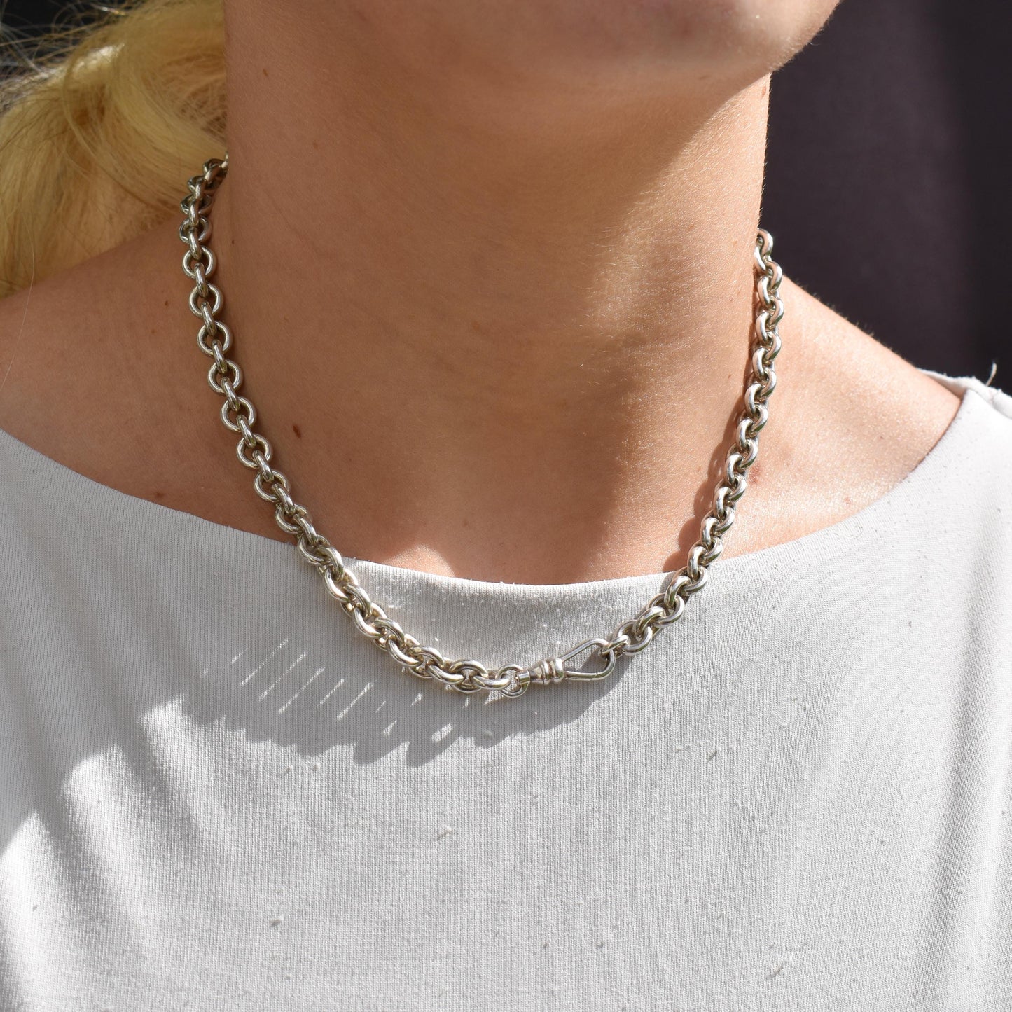 Vintage Sterling Silver Oval Cable Link Chain Necklace with Dog Clip – 16"