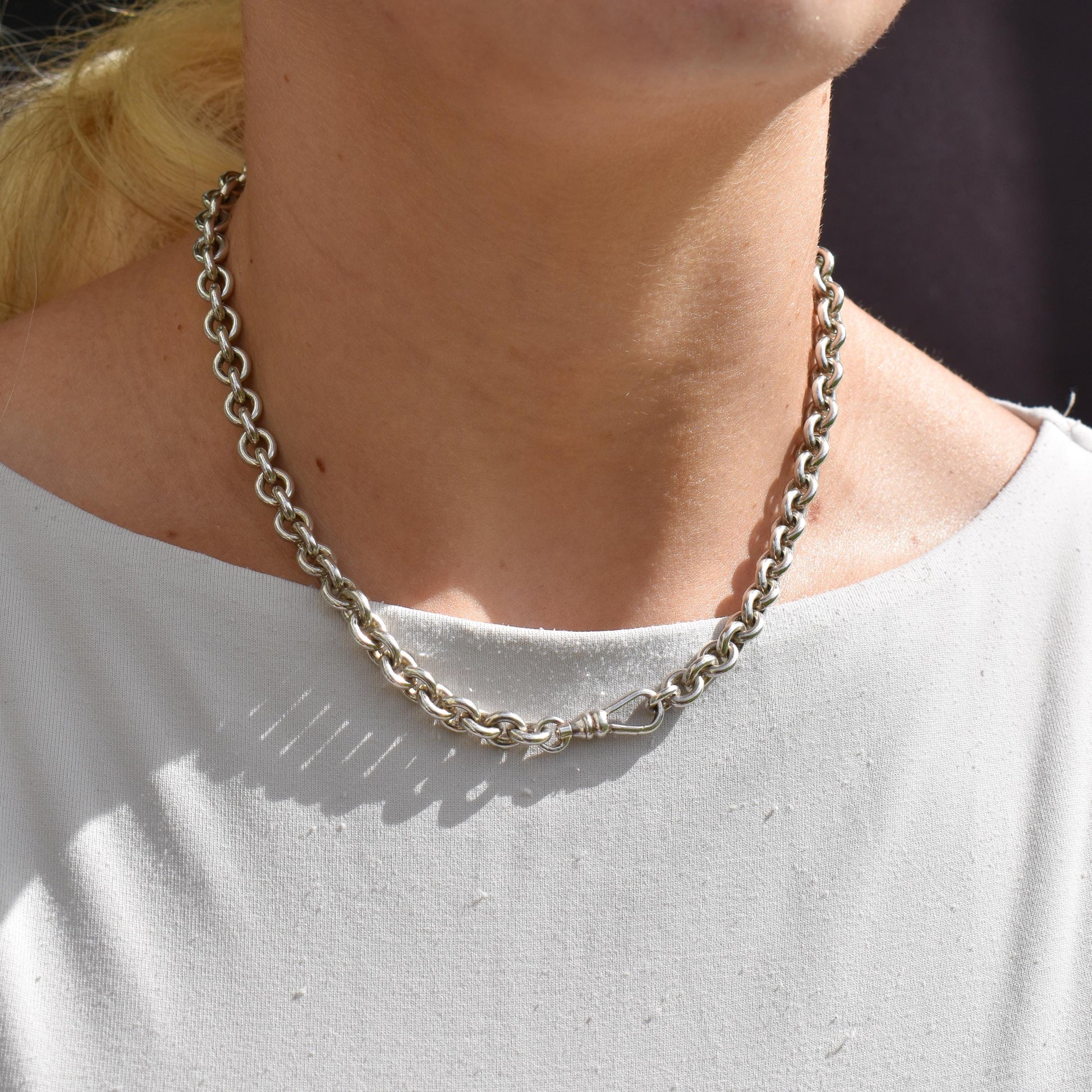 Vintage Sterling Silver Oval Cable Link Chain Necklace with Dog Clip – 16"
