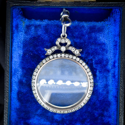 Antique Edwardian Old Cut Paste Silver Glass Shaker Bow Locket Pendant | Circa. 1905