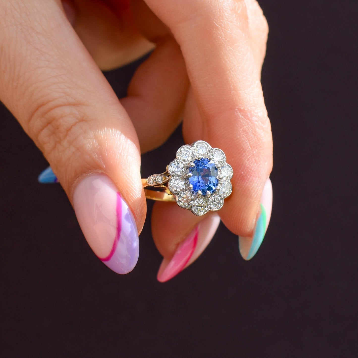 Edwardian Style 0.83ct Blue Sapphire and Diamond Oval Cluster Halo Ring