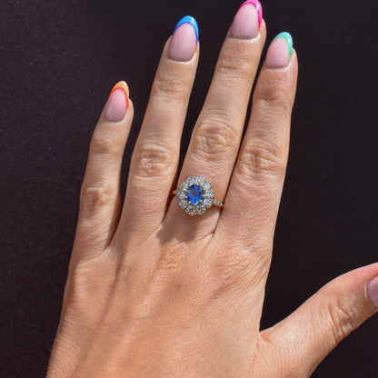 Edwardian Style 0.83ct Blue Sapphire and Diamond Oval Cluster Halo Ring