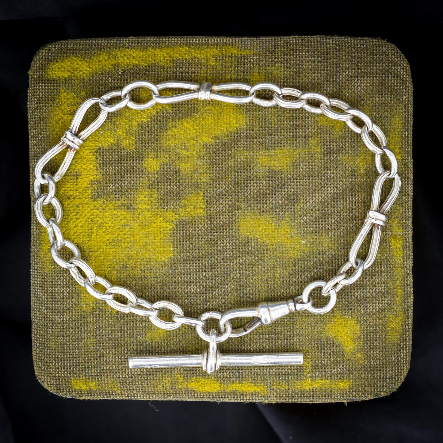 Antique Fancy Link Sterling Silver Bracelet with Dog Clip and T-bar drop