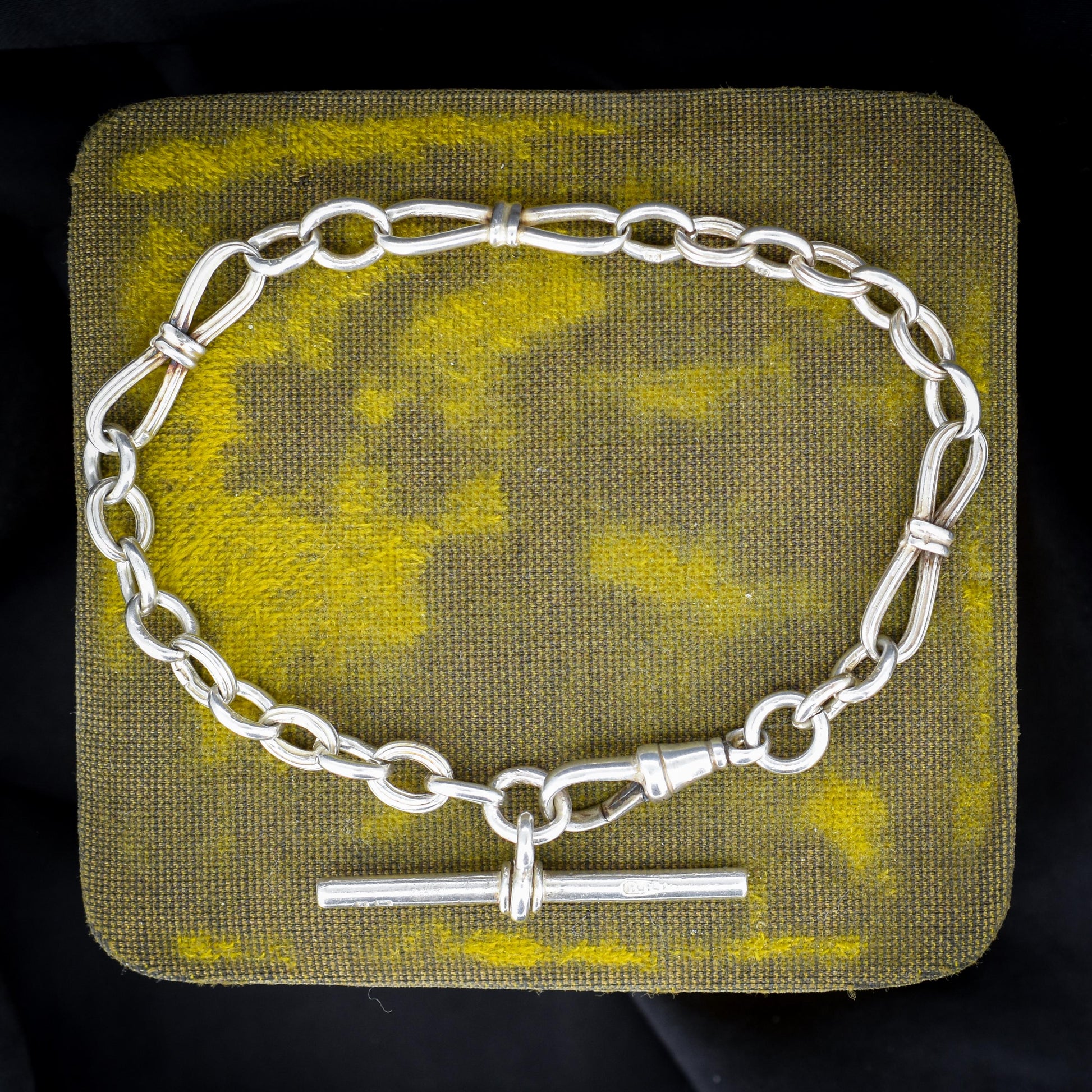 Antique Fancy Link Sterling Silver Bracelet with Dog Clip and T-bar drop
