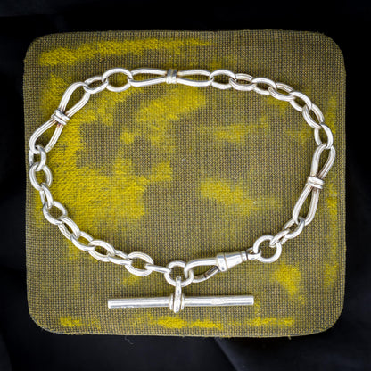 Antique Fancy Link Sterling Silver Bracelet with Dog Clip and T-bar drop