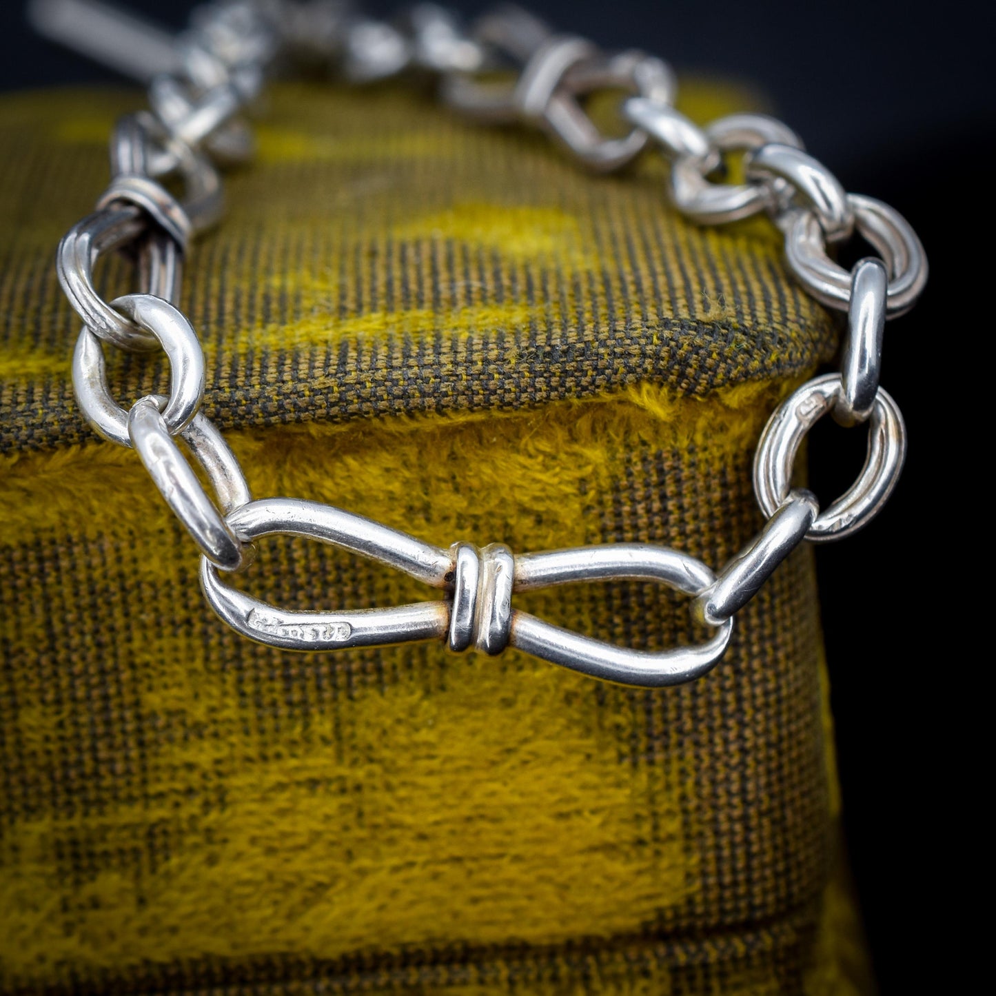 Antique Fancy Link Sterling Silver Bracelet with Dog Clip and T-bar drop