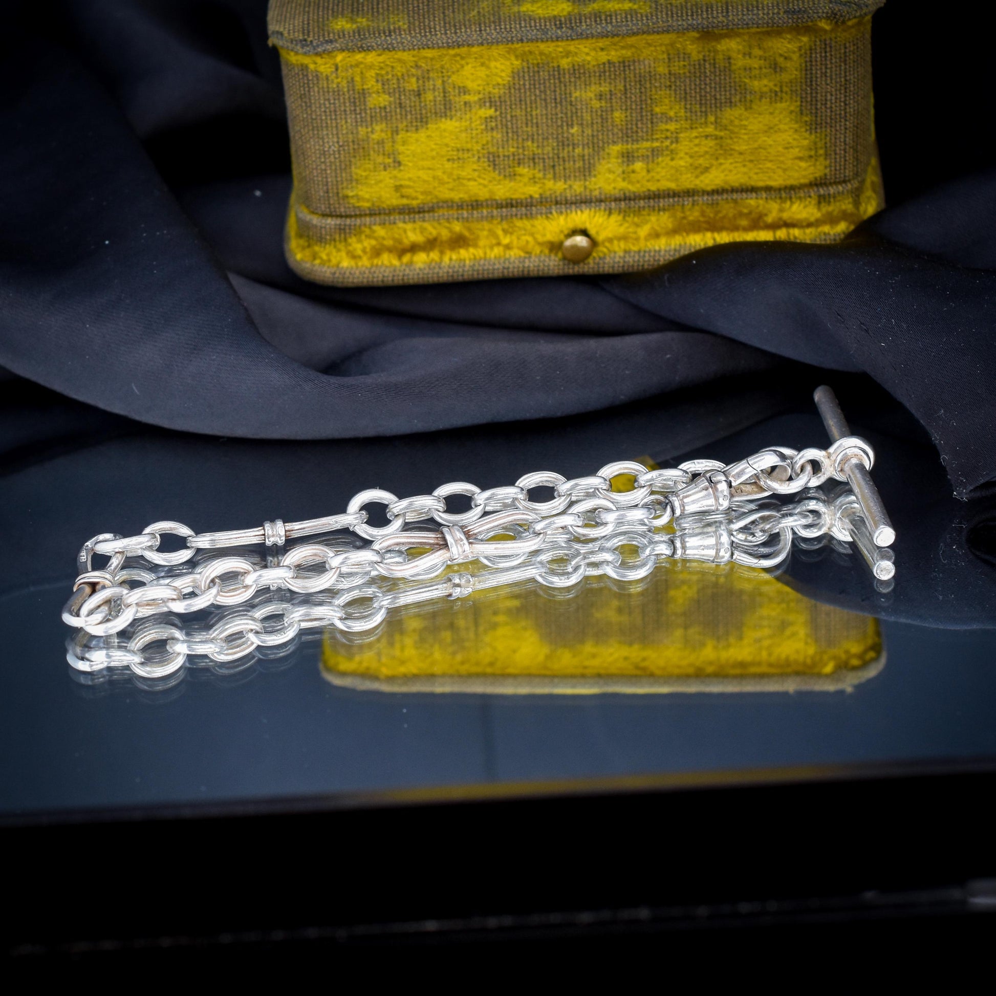 Antique Fancy Link Sterling Silver Bracelet with Dog Clip and T-bar drop