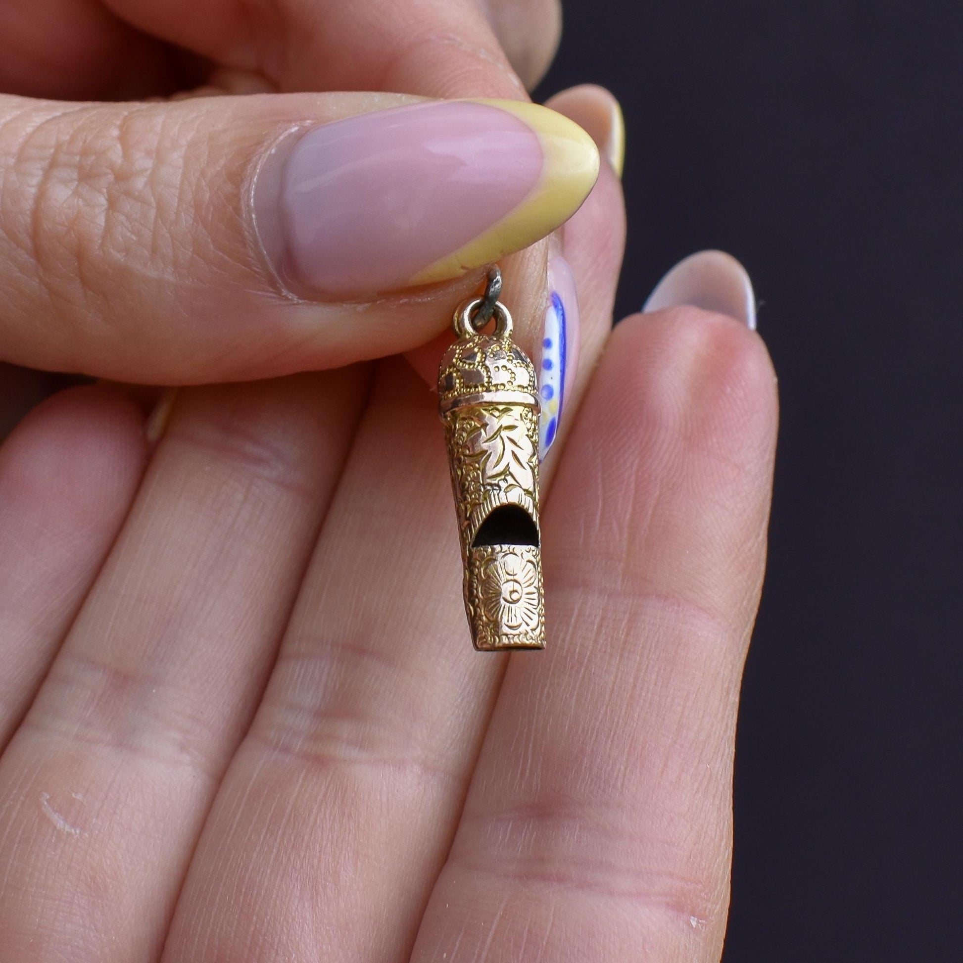 Antique Gold Ivy Engraved Whistle Charm Pendant