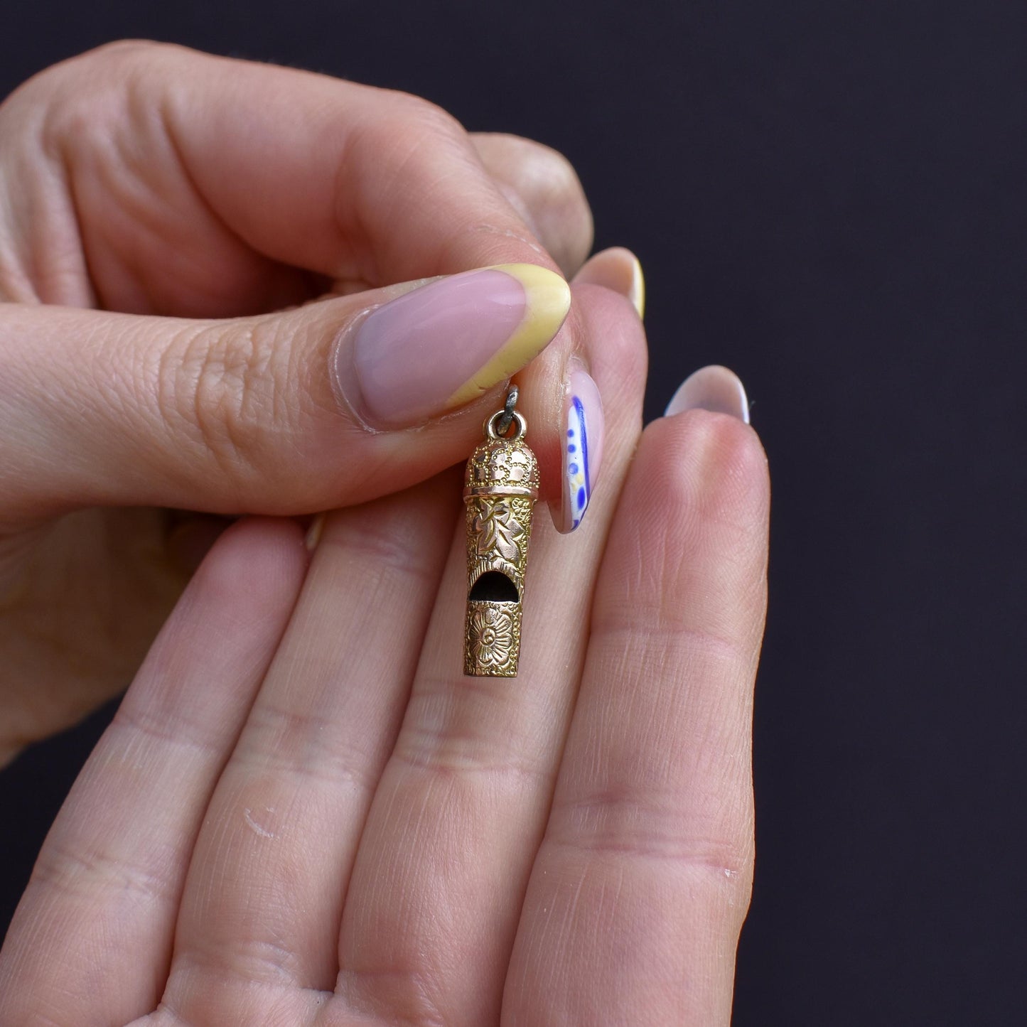 Antique Gold Ivy Engraved Whistle Charm Pendant