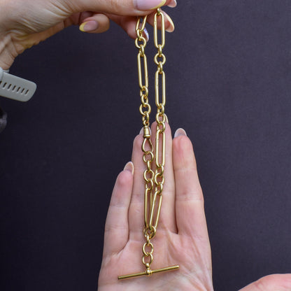 Antique '1923' 18ct Yellow Gold Trombone Watch Chain with Dog Clip and T-bar | 13.5"