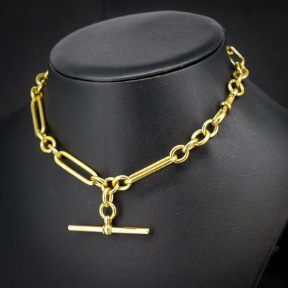 Antique '1923' 18ct Yellow Gold Trombone Watch Chain with Dog Clip and T-bar | 13.5"