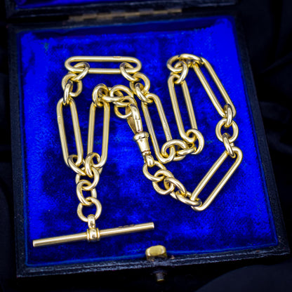 Antique '1923' 18ct Yellow Gold Trombone Watch Chain with Dog Clip and T-bar | 13.5"