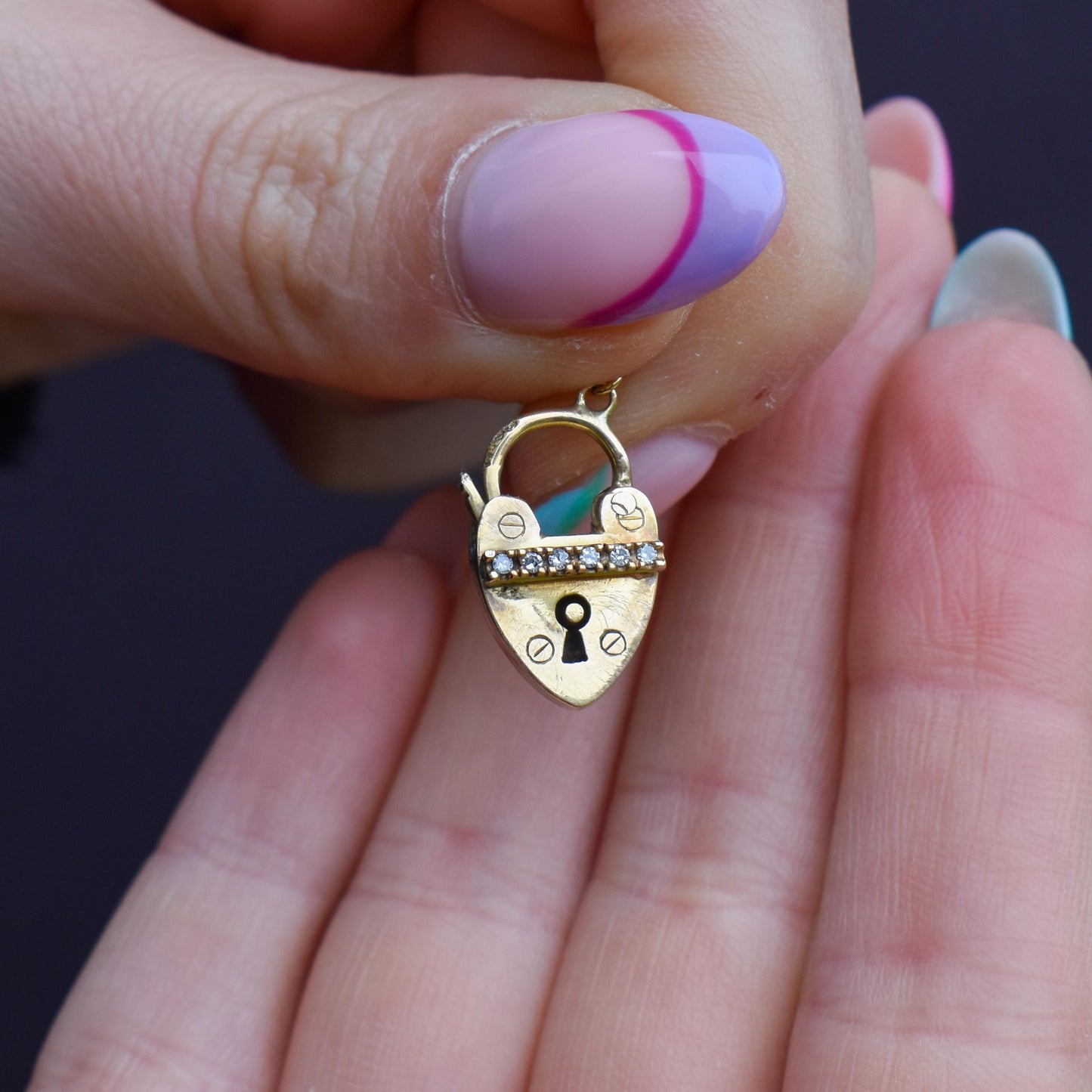 Antique '1908' 9ct Gold Diamond Heart Padlock Charm Pendant