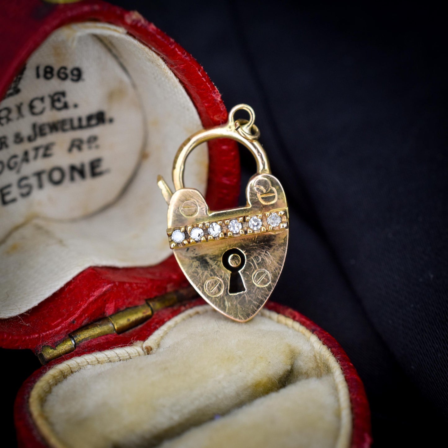 Antique '1908' 9ct Gold Diamond Heart Padlock Charm Pendant