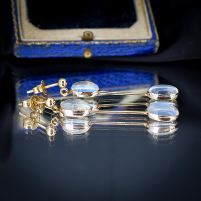 Antique Moonstone 9ct Gold Bezel Drop Dangle Earrings