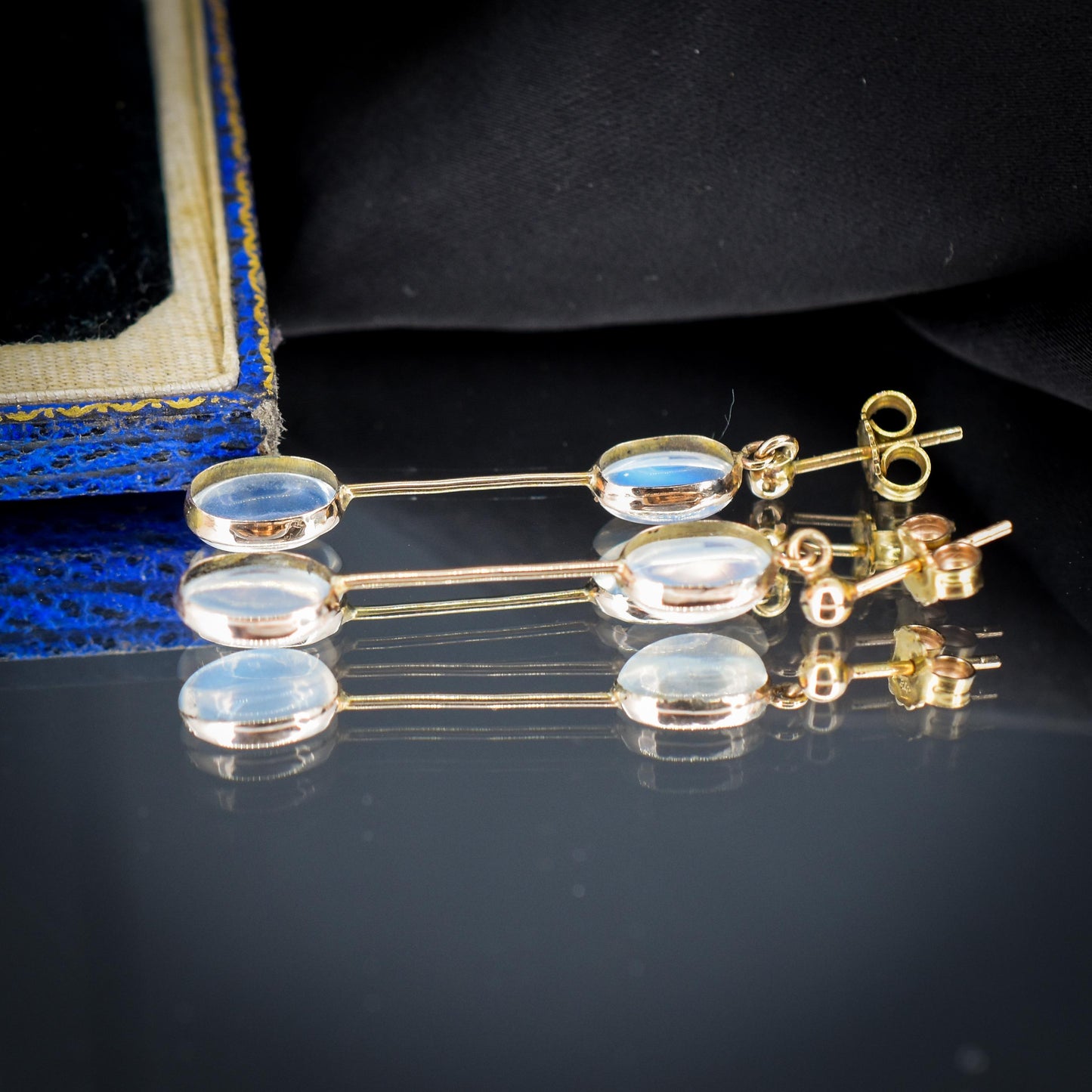 Antique Moonstone 9ct Gold Bezel Drop Dangle Earrings