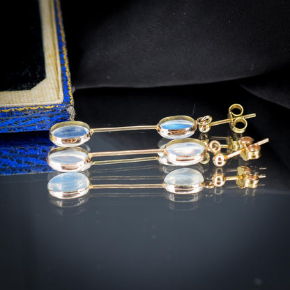 Antique Moonstone 9ct Gold Bezel Drop Dangle Earrings